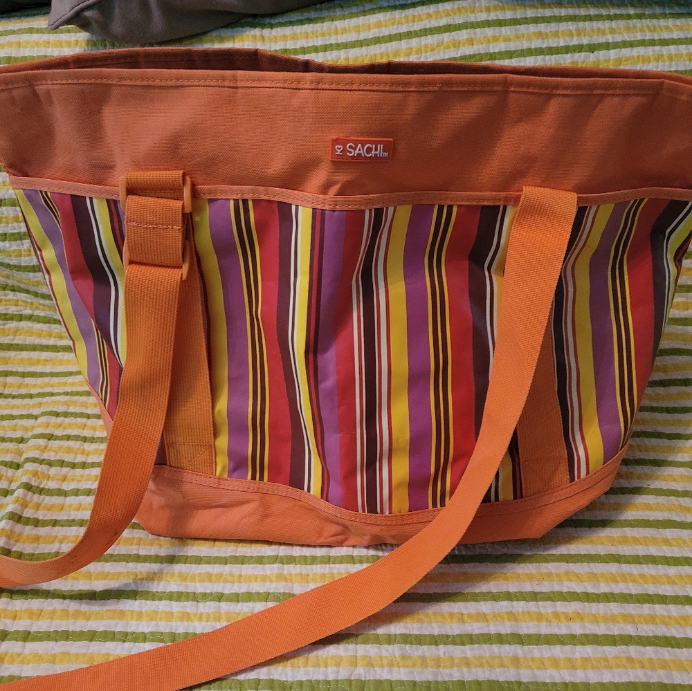 ORANGE STRIPED SACHI TOTE W/ ADJUSTABLE STRAPS-15 X 22 X 9- (SEE DETAILS)
